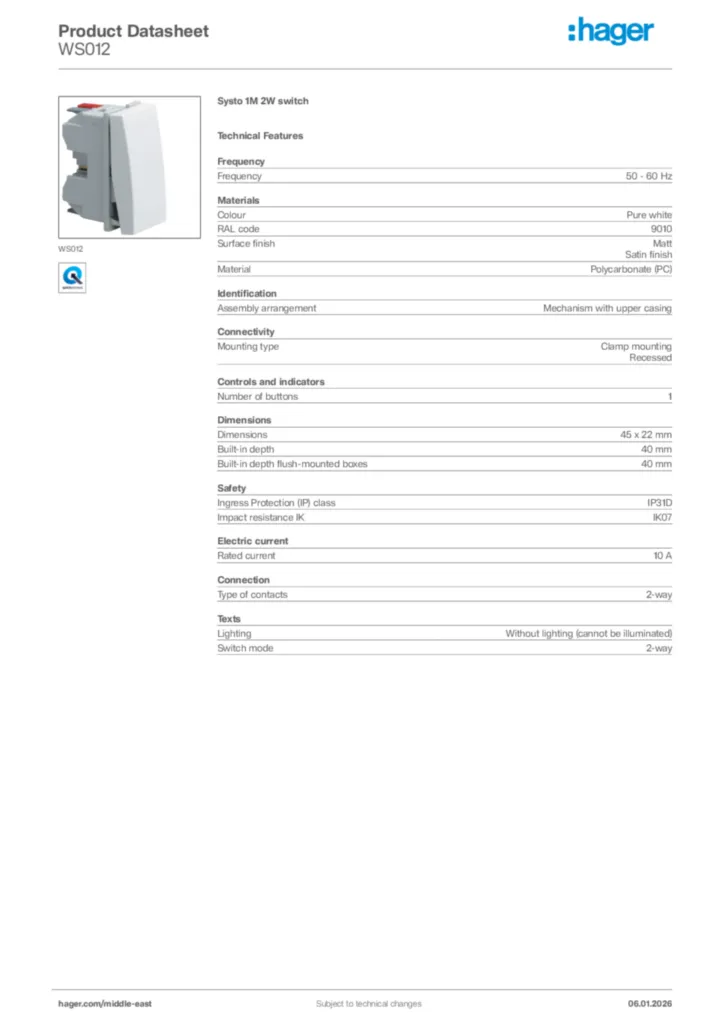 Image Hager Product data sheet WS012  | Hager