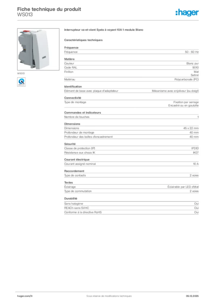 Image Hager Fiche technique du produit WS013 | Hager France