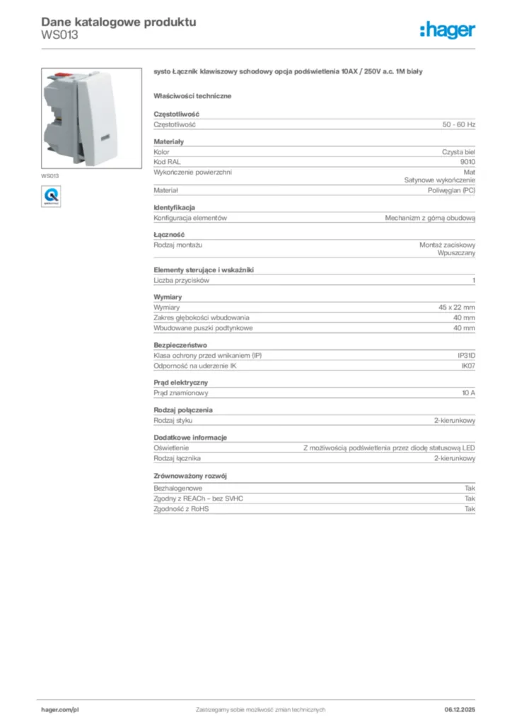 Zdjęcie Hager Karta katalogowa WS013 | Hager Polska