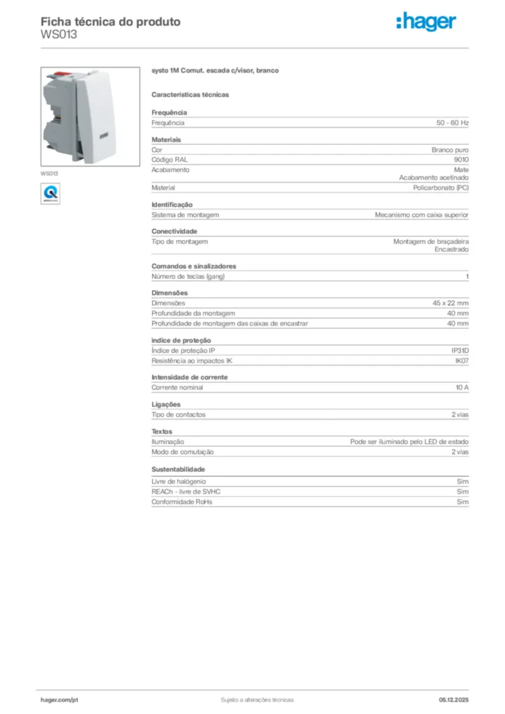 Imagem Hager Ficha técnica do produto WS013 | Hager Portugal