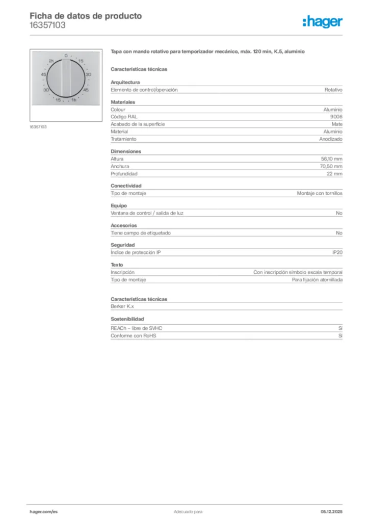 Imagen Hager Ficha de datos de producto 16357103 | Hager España