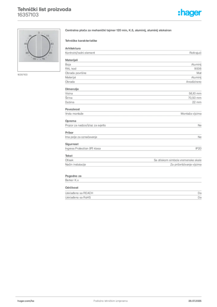 Slika Hager Product data sheet 16357103  | Hager