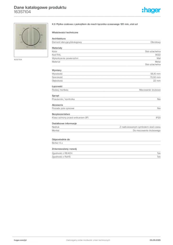 Zdjęcie Hager Dane katalogowe produktu 16357104 | Hager Polska