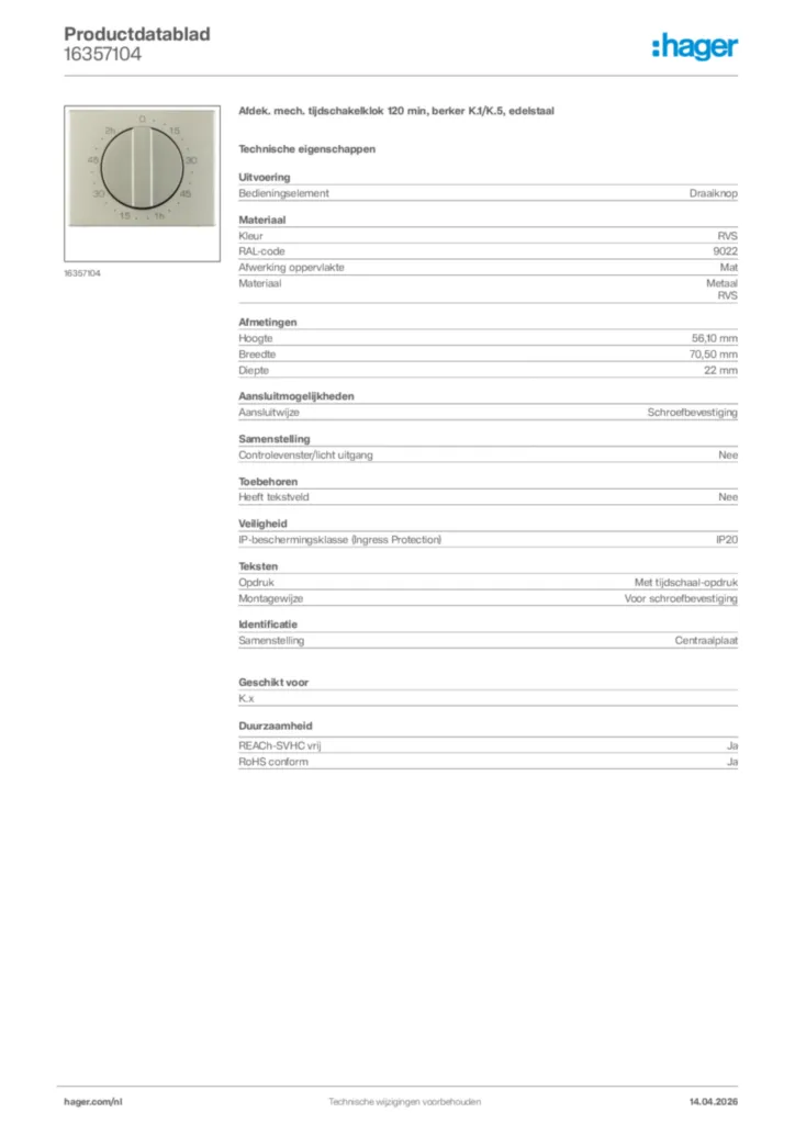 Afbeelding Hager Productdatablad 16357104 | Hager Nederland