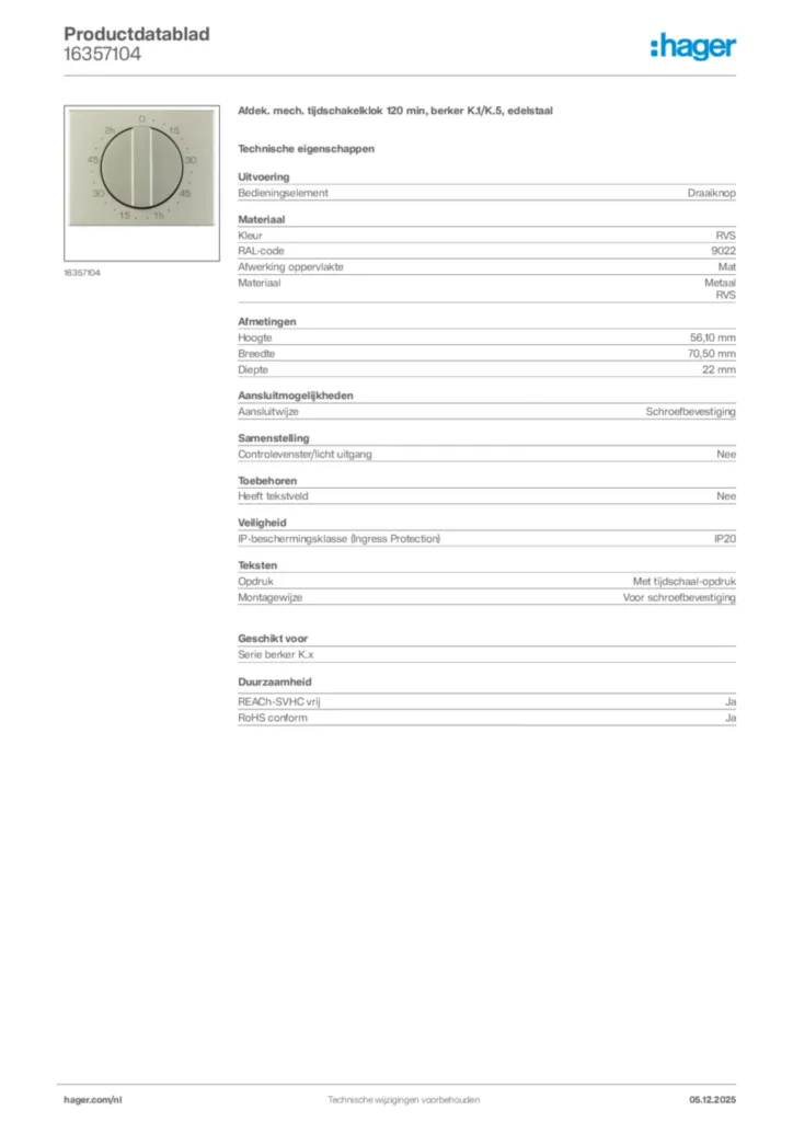 Afbeelding Hager Productdatablad 16357104 | Hager Nederland