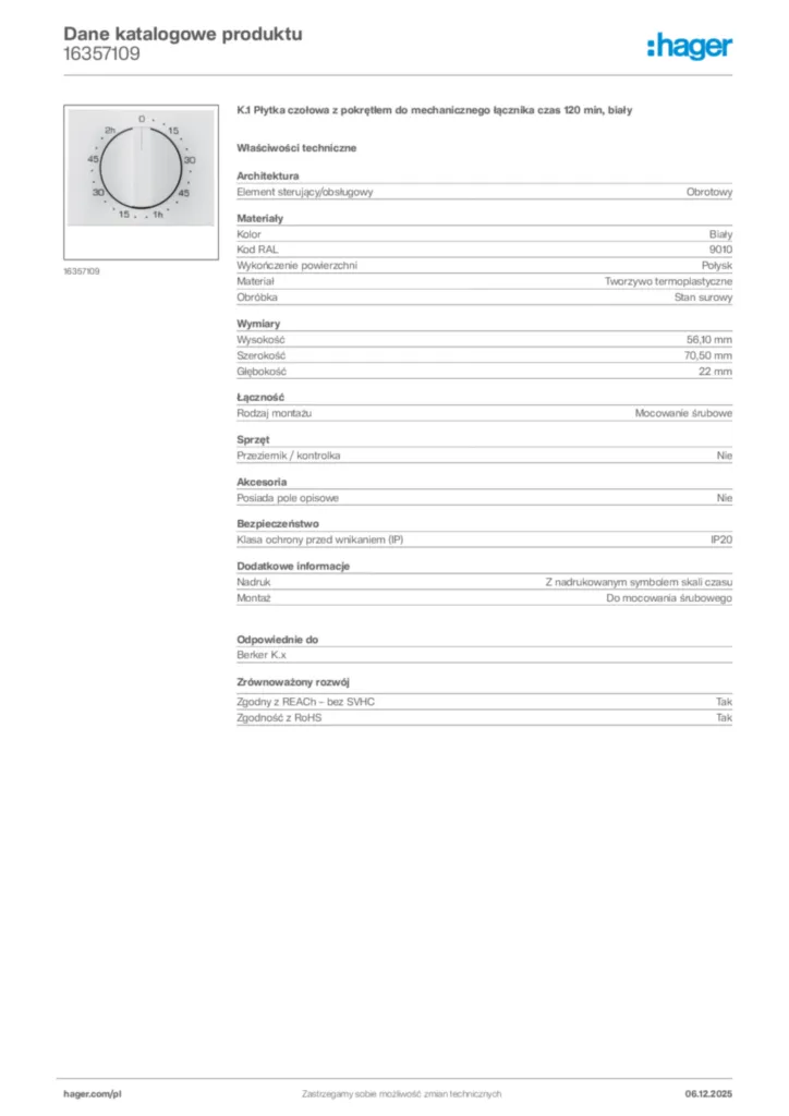 Zdjęcie Hager Karta katalogowa 16357109 | Hager Polska