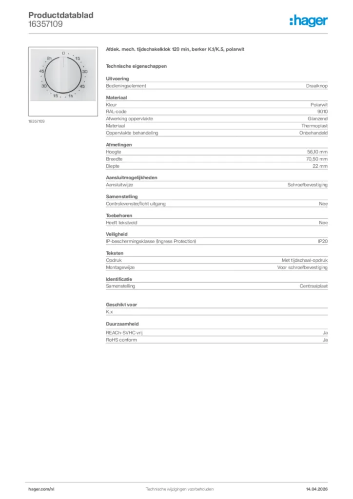 Afbeelding Hager Productdatablad 16357109 | Hager Nederland