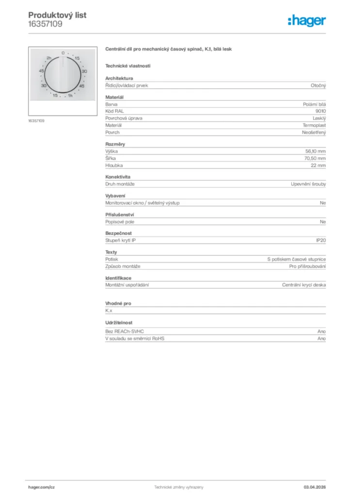 Obrázek Hager Product data sheet 16357109 | Hager