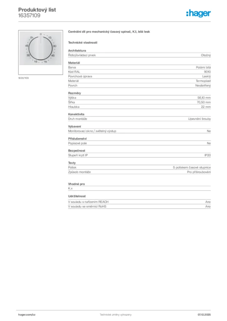 Obrázek Hager Product data sheet 16357109 | Hager