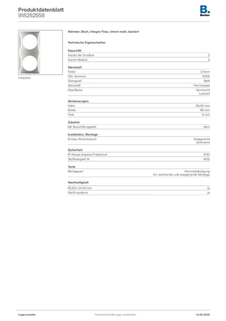 Bild Berker Produktdatenblatt 918262558 | Hager Deutschland