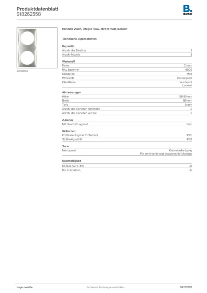 Bild Berker Produktdatenblatt 918262558 | Hager Deutschland