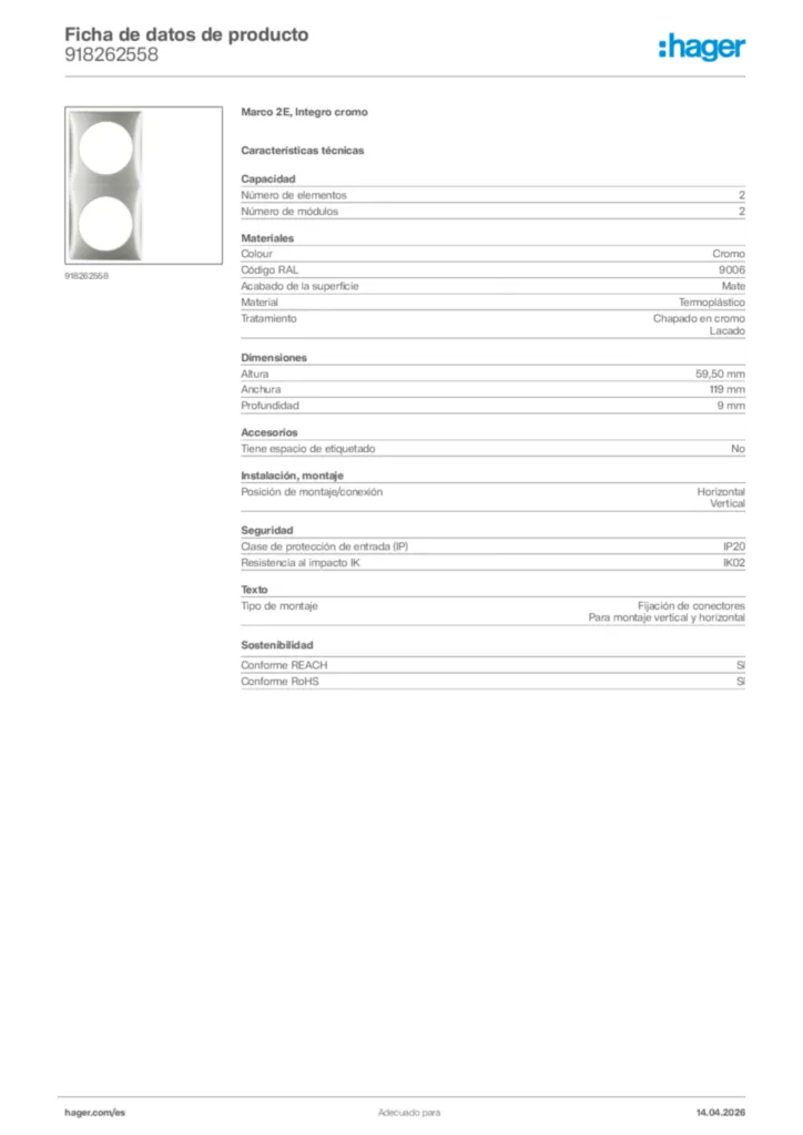 Imagen Hager Ficha de datos de producto 918262558 | Hager España