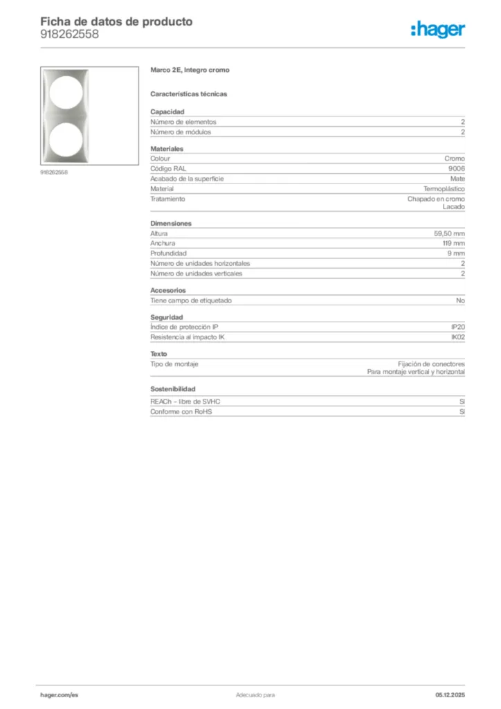 Imagen Hager Ficha de datos de producto 918262558 | Hager España