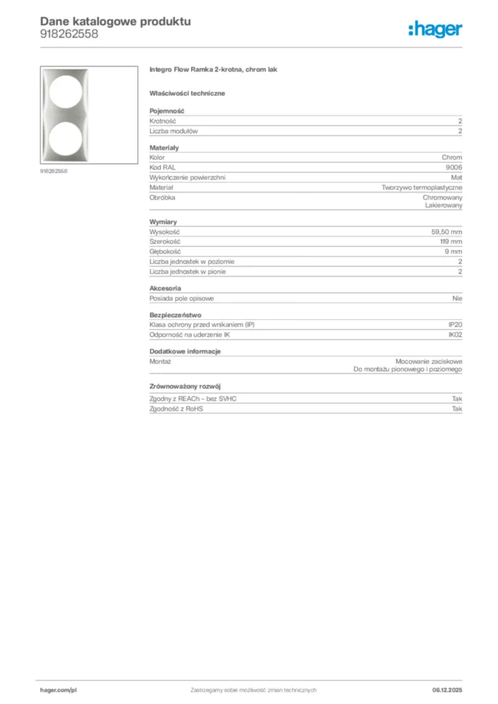 Zdjęcie Hager Dane katalogowe produktu 918262558 | Hager Polska