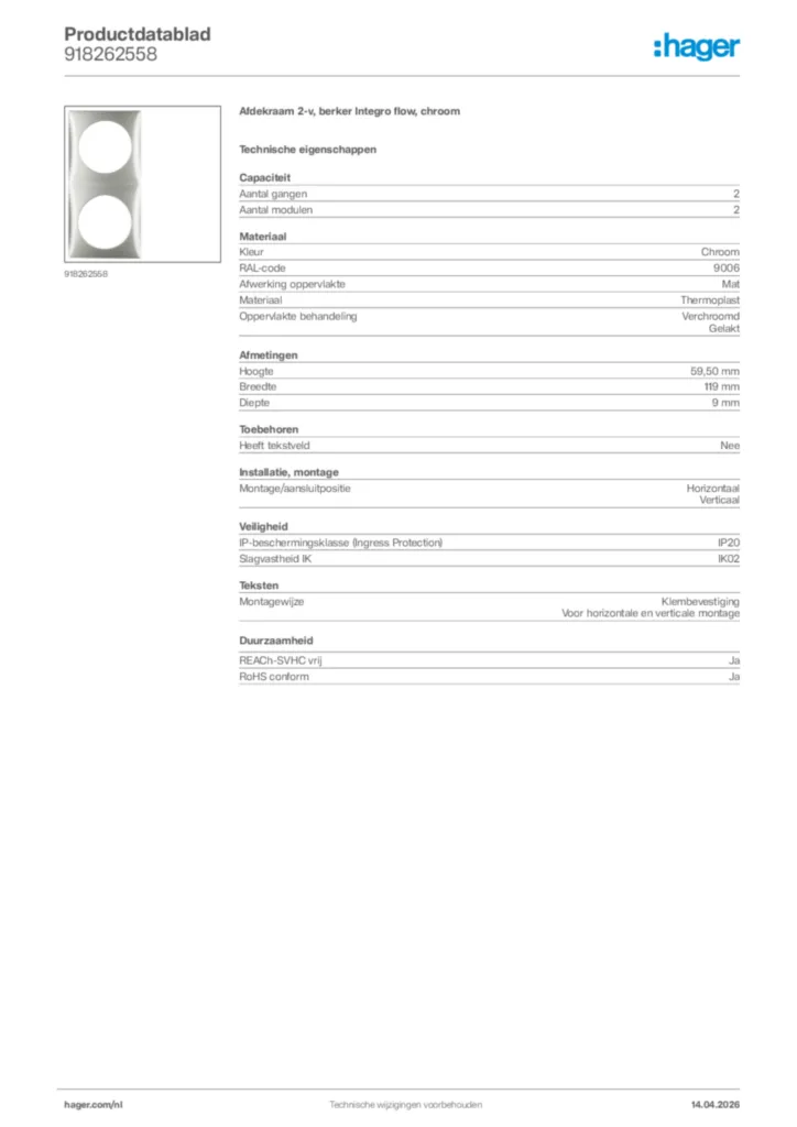 Afbeelding Hager Productdatablad 918262558 | Hager Nederland