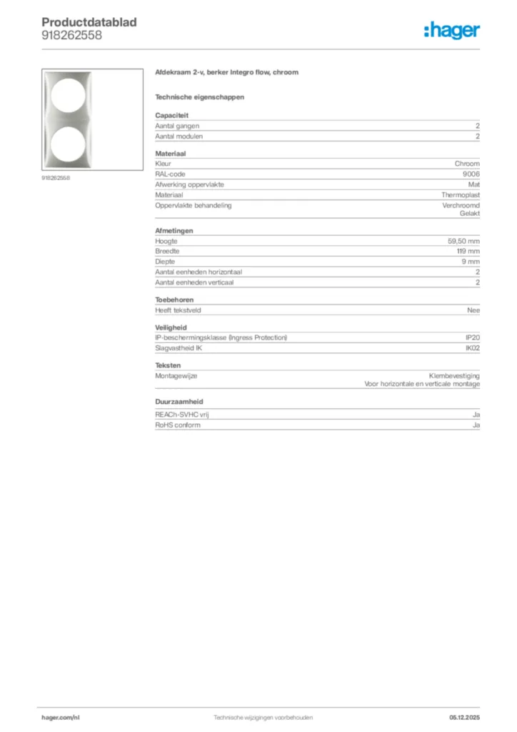 Afbeelding Hager Productdatablad 918262558 | Hager Nederland