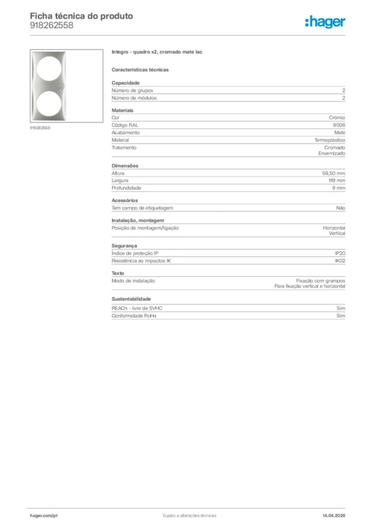 Imagem Hager Ficha técnica do produto 918262558 | Hager Portugal