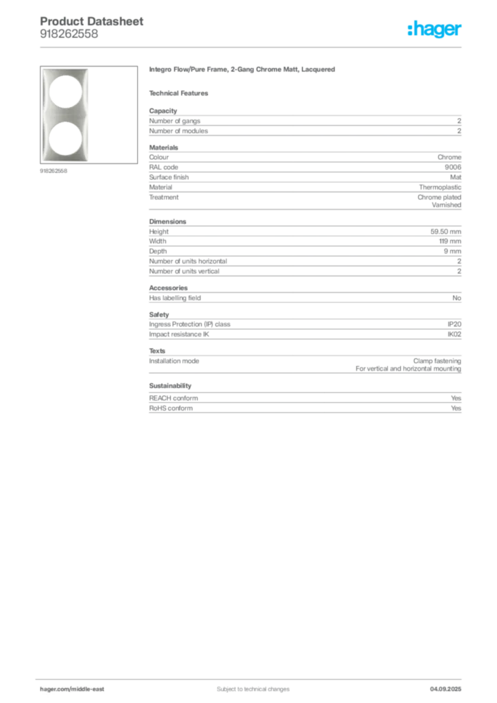 Image Hager Product data sheet 918262558  | Hager
