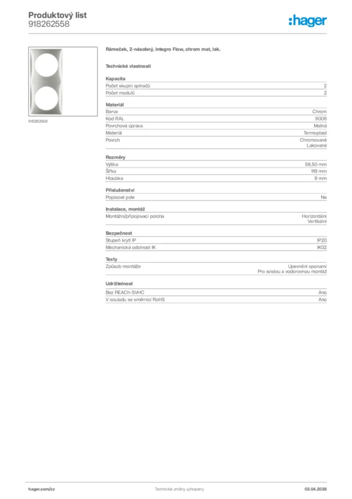 Obrázek Hager Product data sheet 918262558 | Hager