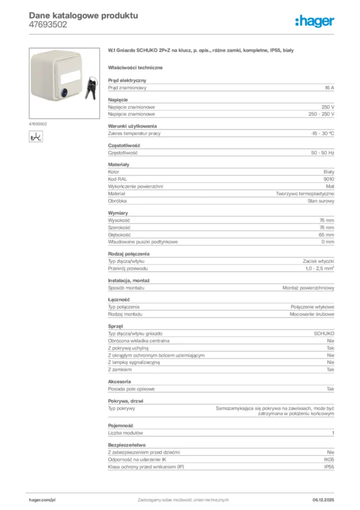 Zdjęcie Hager Karta katalogowa 47693502 | Hager Polska