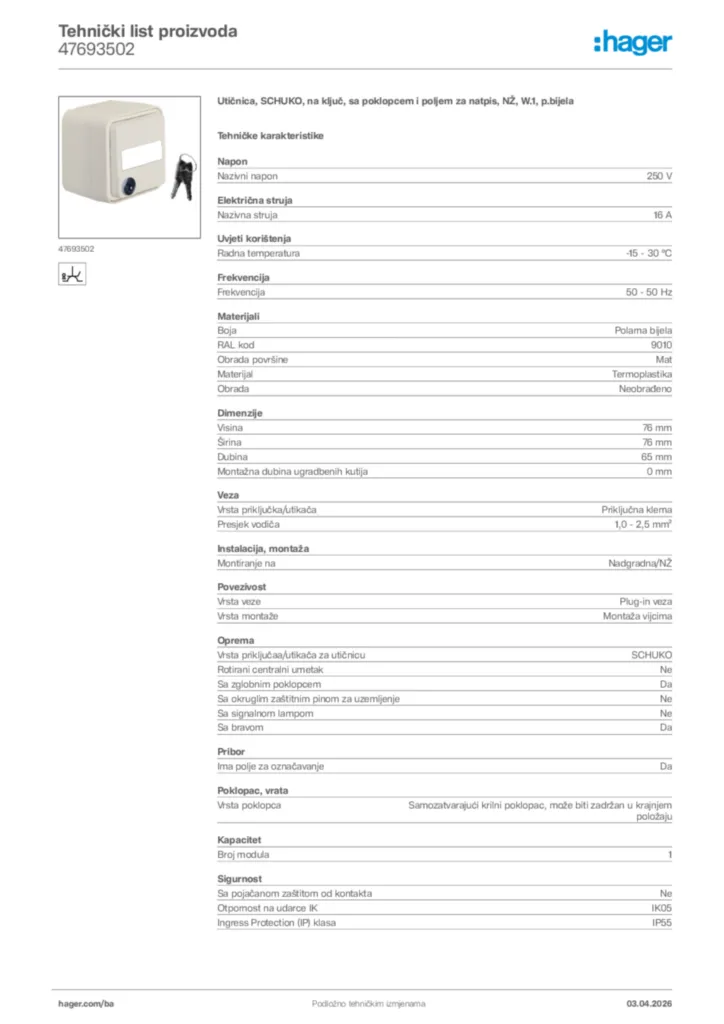 Slika Hager Tehnički list proizvoda 47693502  | Hager