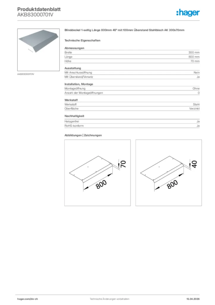Bild Hager Produktdatenblatt AKB83000701V | Hager Schweiz