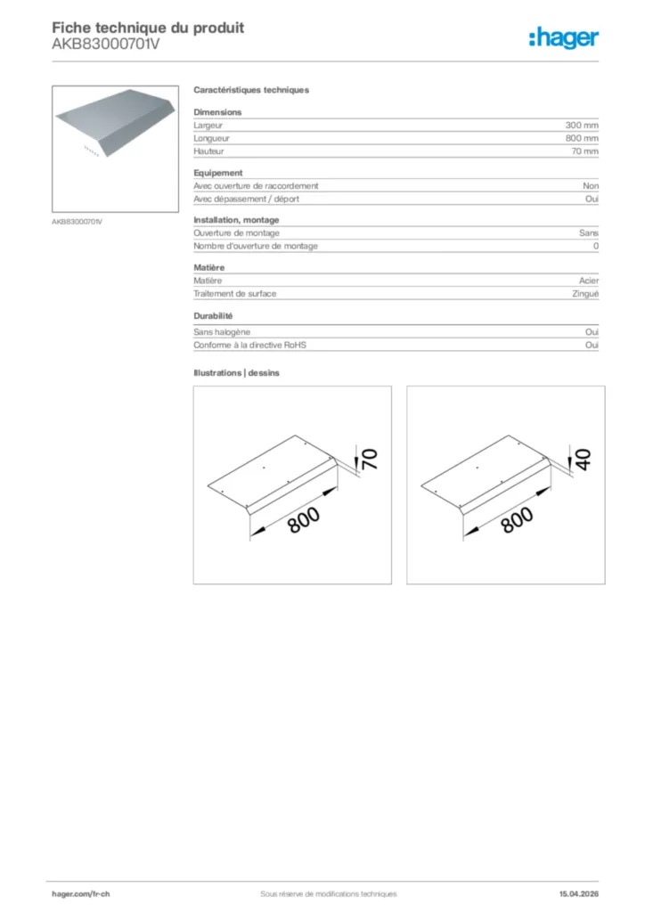 Image Hager Fiche technique du produit AKB83000701V | Hager Suisse