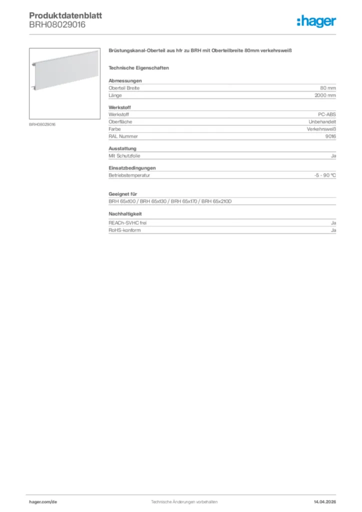 Bild Hager Produktdatenblatt BRH08029016 | Hager Deutschland