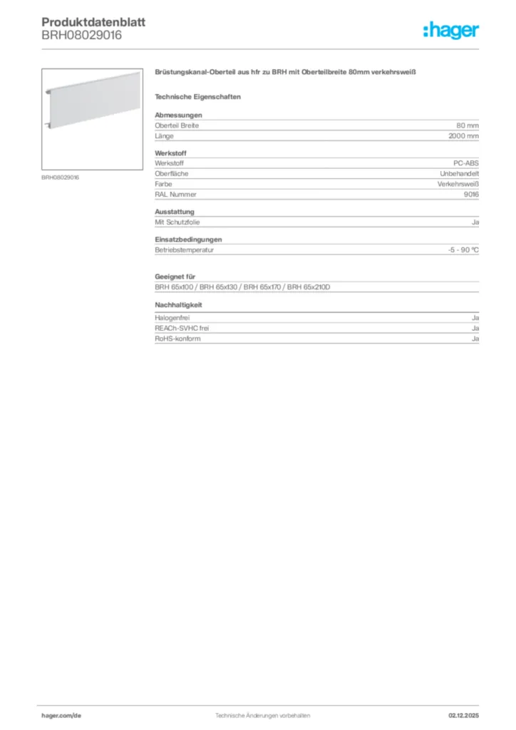 Bild Hager Produktdatenblatt BRH08029016 | Hager Deutschland