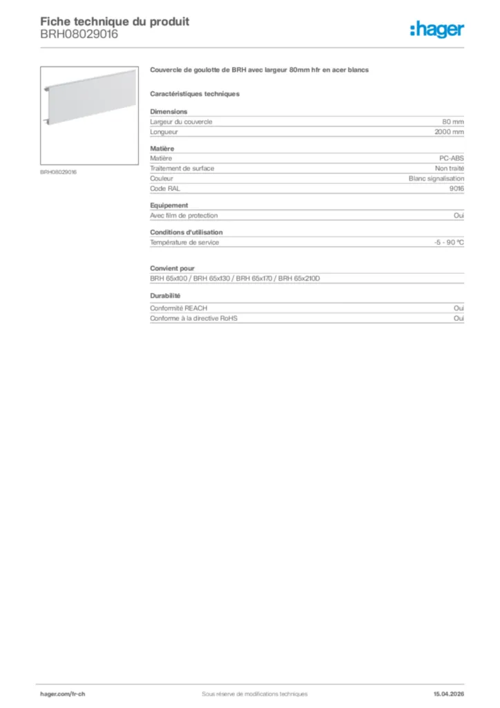 Image Hager Fiche technique du produit BRH08029016 | Hager Suisse