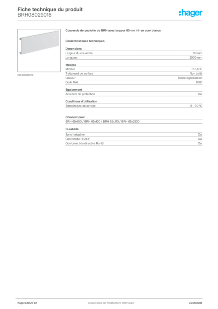 Image Hager Fiche technique du produit BRH08029016 | Hager Suisse
