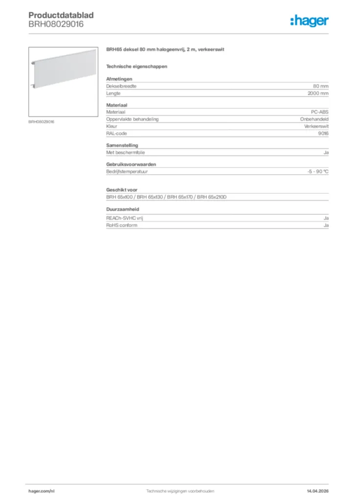 Afbeelding Hager Productdatablad BRH08029016 | Hager Nederland