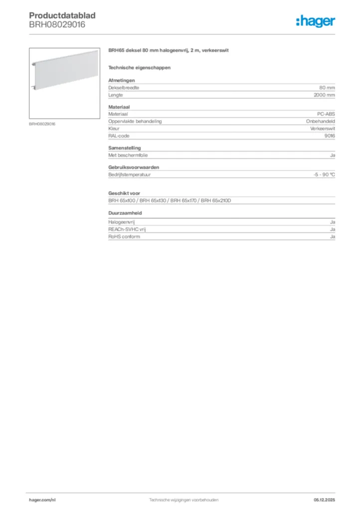 Afbeelding Hager Productdatablad BRH08029016 | Hager Nederland