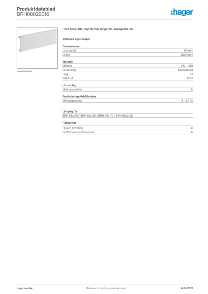 Bild Hager Produktdatablad BRH08029016 | Hager Sverige