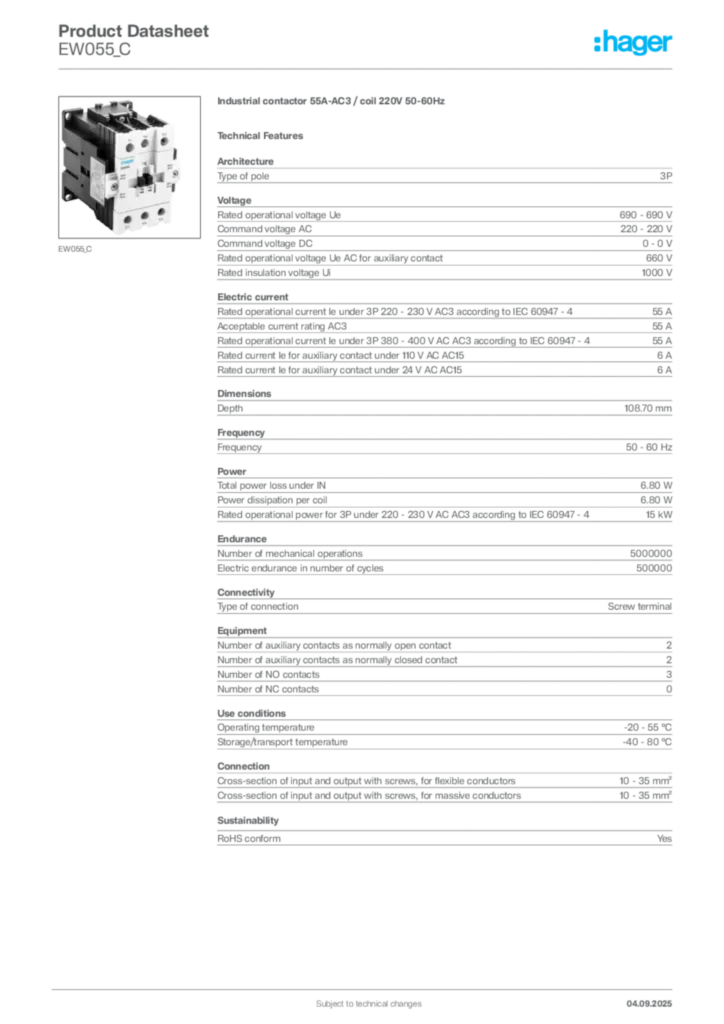 Image Hager Product data sheet EW055_C  | Hager