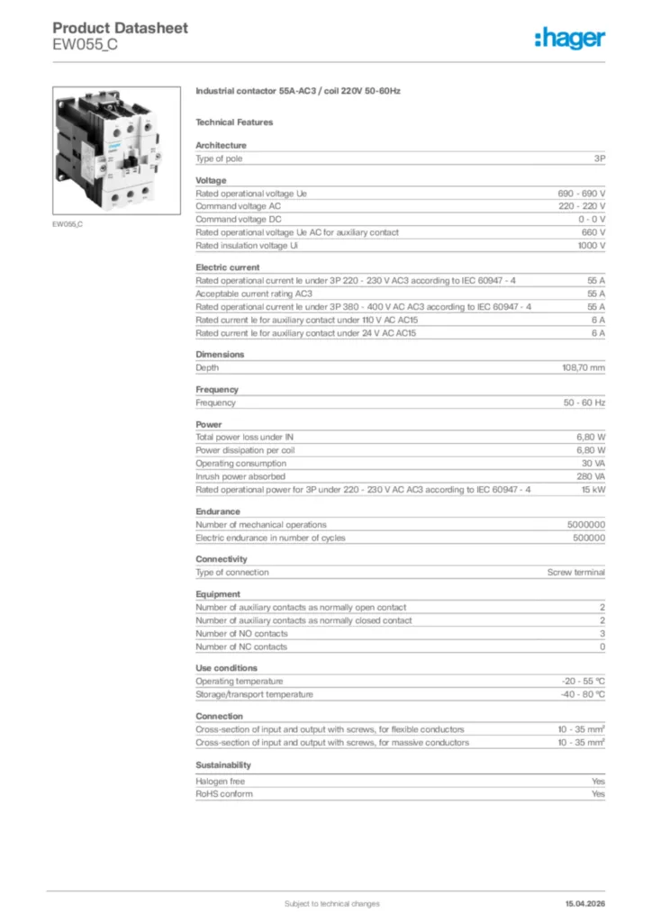 Image Hager Product data sheet EW055_C  | Hager