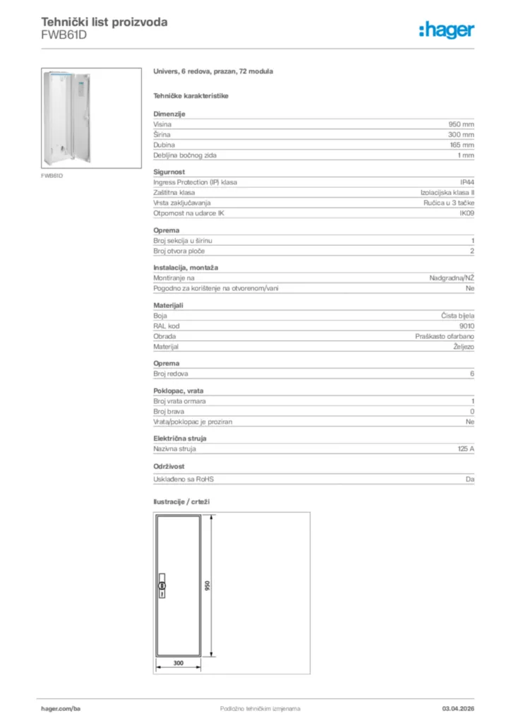 Slika Hager Tehnički list proizvoda FWB61D  | Hager