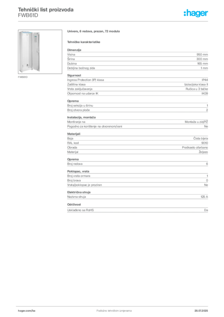 Slika Hager Product data sheet FWB61D  | Hager