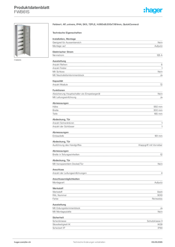 Bild Hager Produktdatenblatt FWB61S | Hager Schweiz
