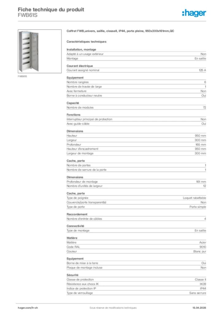 Image Hager Fiche technique du produit FWB61S | Hager Suisse