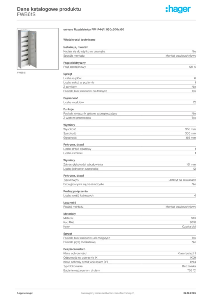 Zdjęcie Hager Dane katalogowe produktu FWB61S | Hager Polska
