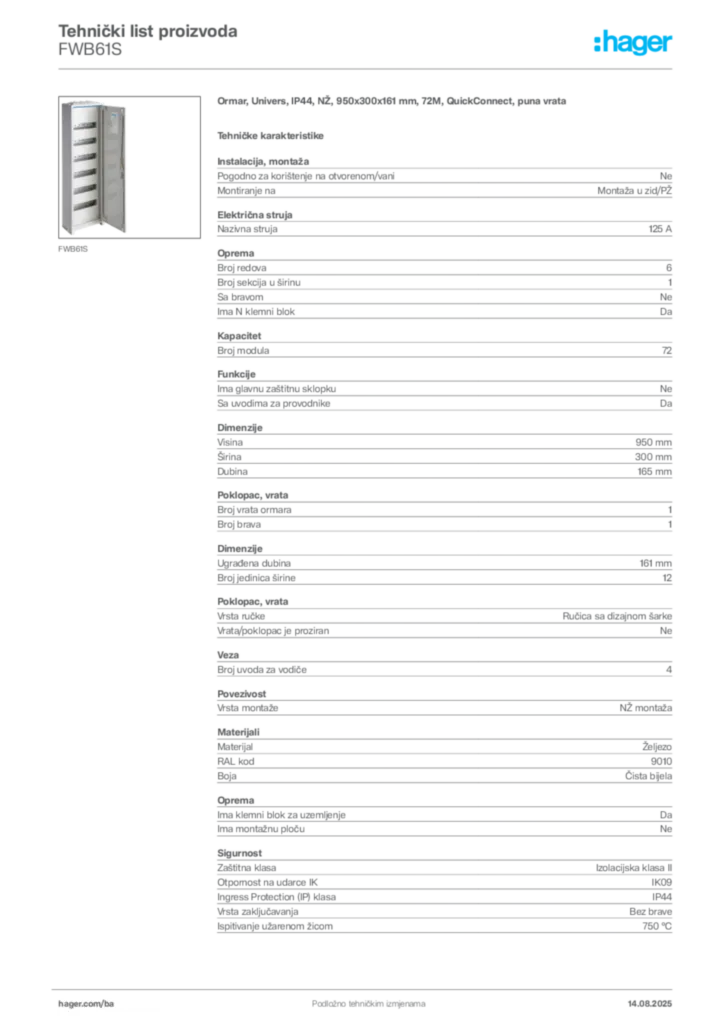 Slika Hager Product data sheet FWB61S  | Hager