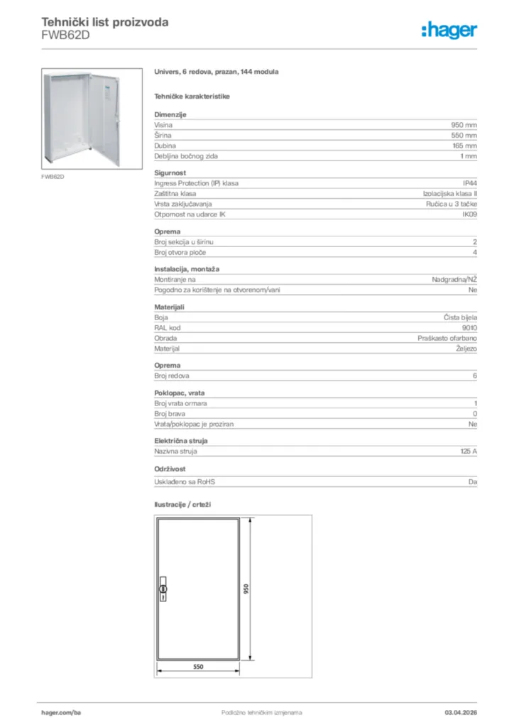 Slika Hager Tehnički list proizvoda FWB62D  | Hager