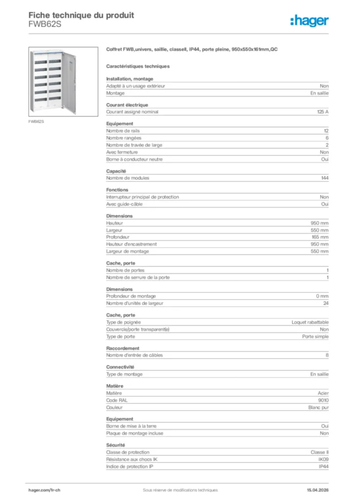 Image Hager Fiche technique du produit FWB62S | Hager Suisse