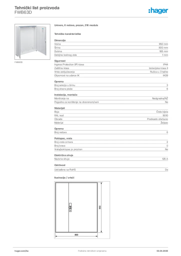 Slika Hager Tehnički list proizvoda FWB63D  | Hager