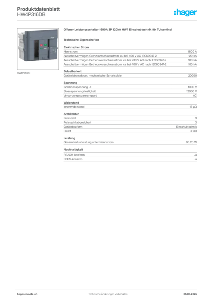 Bild Hager Produktdatenblatt HW4P316DB | Hager Schweiz