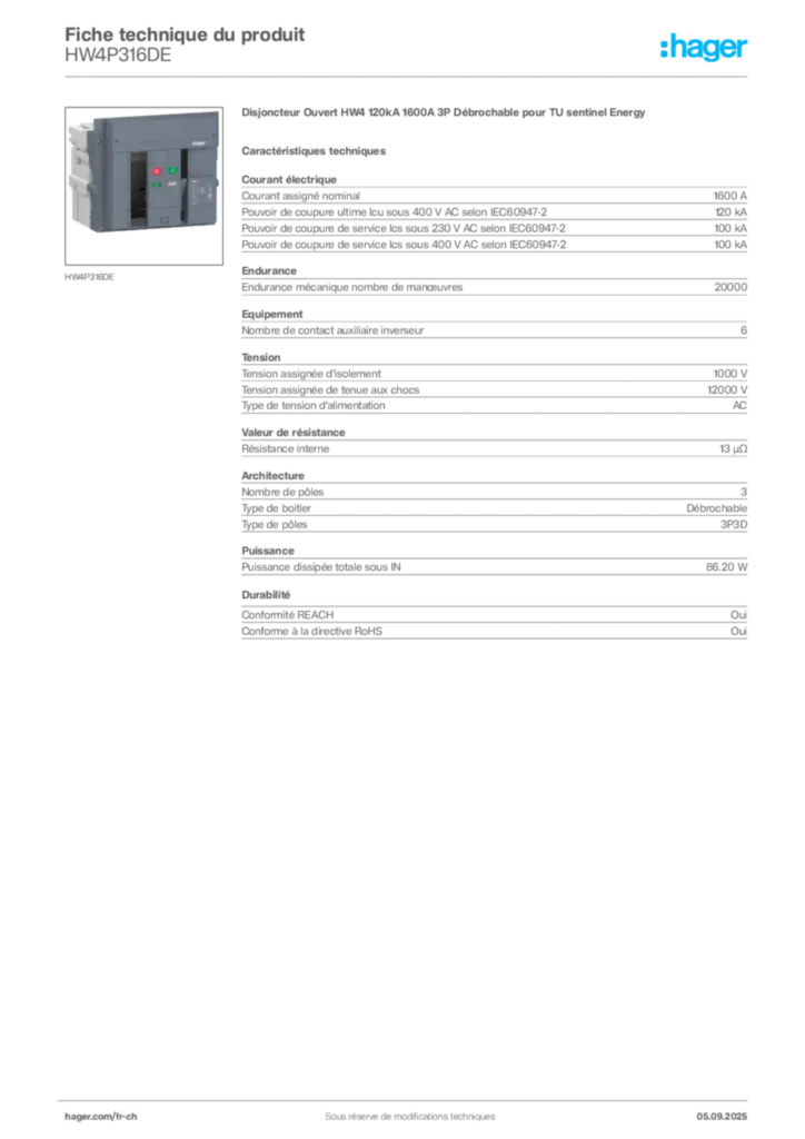 Image Hager Fiche technique du produit HW4P316DE | Hager Suisse