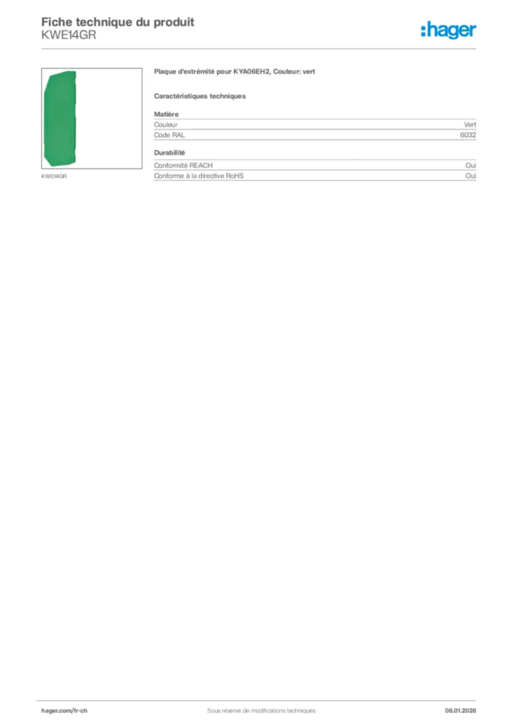 Image Hager Fiche technique du produit KWE14GR | Hager Suisse