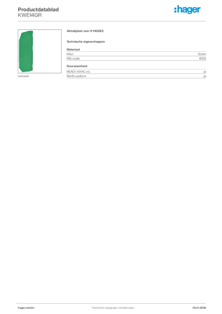 Afbeelding Hager Productdatablad KWE14GR | Hager Nederland