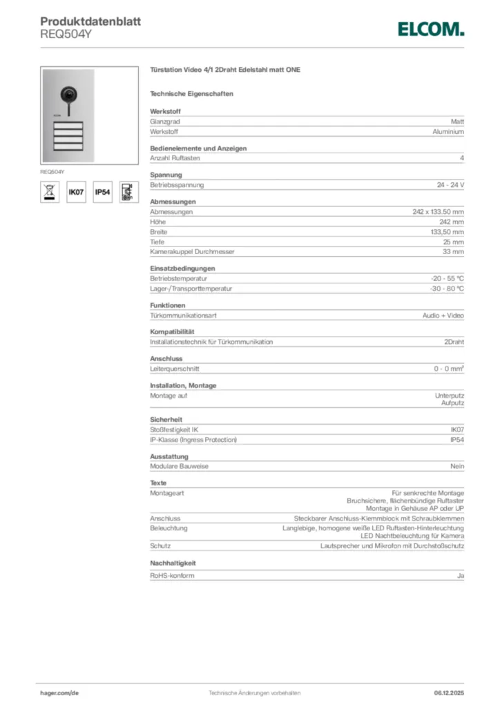 Bild Elcom Produktdatenblatt REQ504Y | Hager Deutschland
